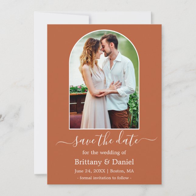 Modern Arch Photo Frame Burnt Orange Save The Date (Front)