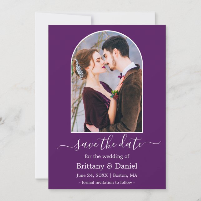 Modern Arch Photo Frame Purple Save The Date (Front)