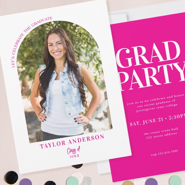 Modern Arch Photo Fuchsia Pink Graduation Party Invitation (Creator Uploaded)