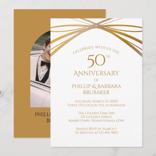 Modern Arch Photo Golden 50th Anniversary Party Invitation (Front/Back)