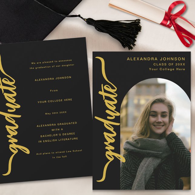 Modern Arch Photo Graduation Announcement (Stylish gold script arch graduate photo black graduation announcement card)