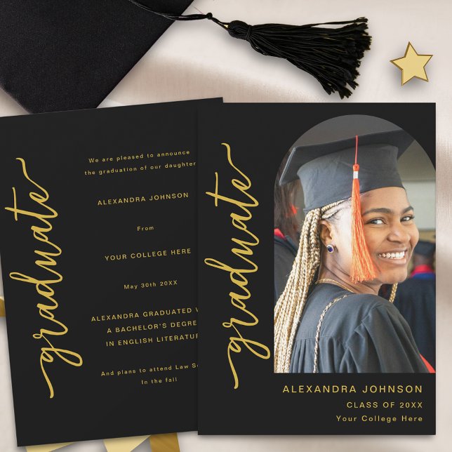 Modern Arch Photo Graduation Announcement (Modern elegant arch photo white and gold script graduation announcement card)