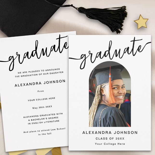 Modern Arch Photo Graduation Announcement (Modern trendy black script arch photo graduation announcement card elegant stylish chic design)