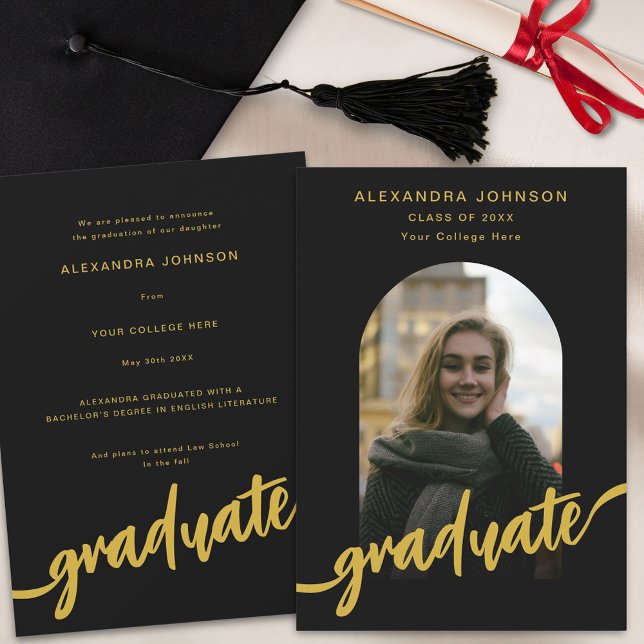 Modern Arch Photo Graduation Announcement (Modern black and gold script arch photo Graduation announcement card )