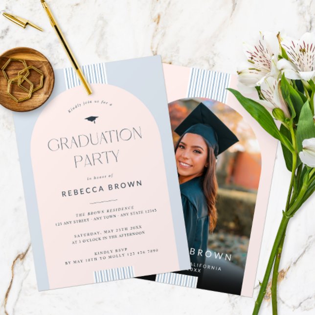Modern Arch Photo Graduation Party Invitation (Front and Back of a modern arch photo graduation party invitation in pastel pink and blue. )