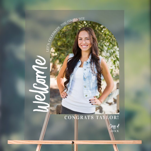 Modern Arch Photo Graduation Party Welcome Frosted Acrylic Sign (Neutral)