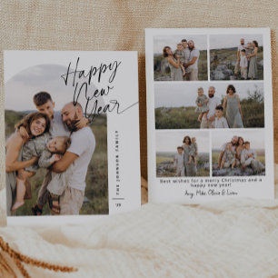 Modern Arch Photo Happy New Year Script Christmas Holiday Card