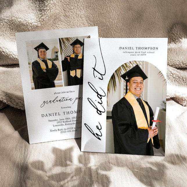 Modern Arch Photo He Did It Graduation Invitation (Creator Uploaded)