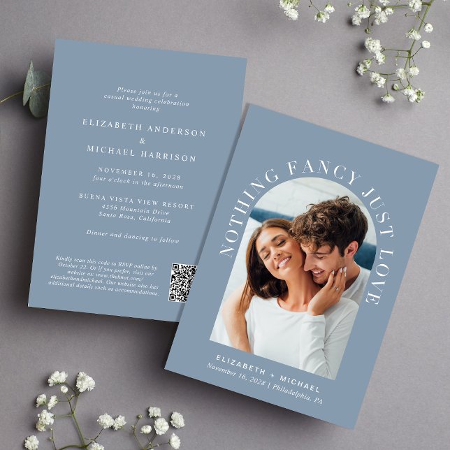 Modern Arch Photo QR Code Dusty Blue Wedding Invitation (Creator Uploaded)