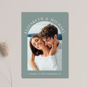 Modern Arch Photo QR Code Sage Wedding Invitation