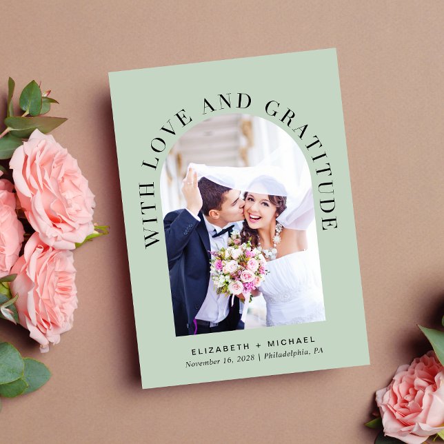 Modern Arch Photo Sage Wedding  Thank You Card (Celebrate your love story with a thank you card showcasing your photo in an elegant arch frame)