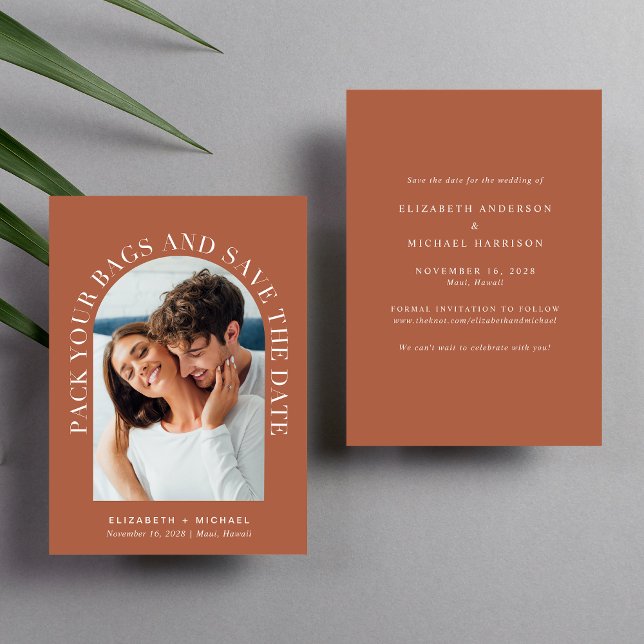 Modern Arch Photo Terracotta Destination Wedding Save The Date (Celebrate your love story with a save the date showcasing your photo in an elegant arch frame)