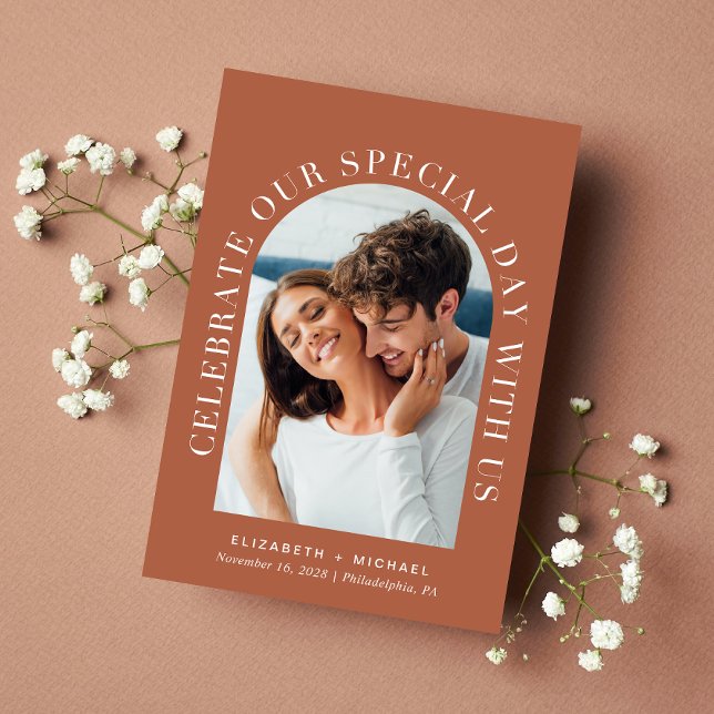 Modern Arch Photo Terracotta Wedding Invitation (Creator Uploaded)