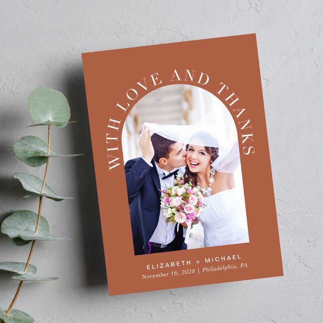 Modern Arch Photo Terracotta Wedding Thank You Card (Celebrate your love story with a thank you card showcasing your photo in an elegant arch frame)