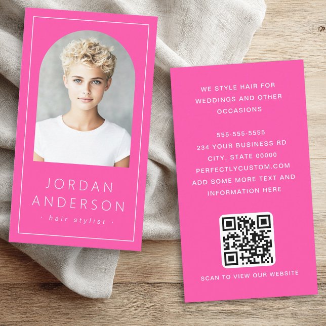 Modern arch photo thin border QR code hot pink Business Card (Modern arch photo thin border QR code hot pink Business Card)