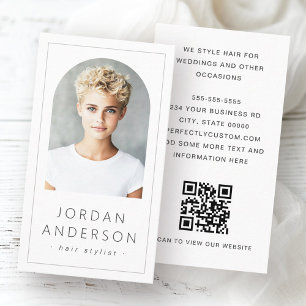 Modern arch photo thin border QR code white Business Card