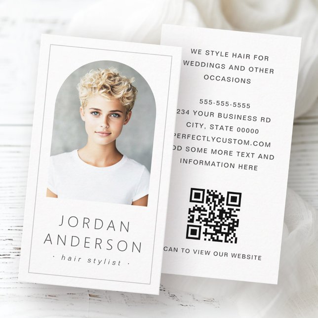Modern arch photo thin border QR code white Business Card (Modern arch photo thin border QR code white Business Card)