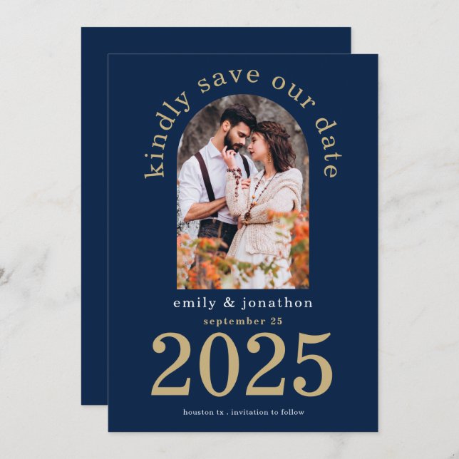 Modern Arch Photo Wedding Navy Blue Save The Date (Front/Back)