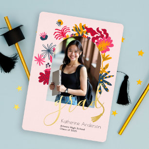 Modern Arch Pink Floral Photo Graduation Party 