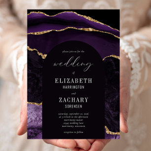 Modern Arch Purple Gold Agate Wedding Invitation