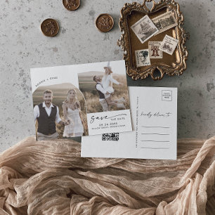 Modern Arch QR Code 2 Photo Save the Date Invitation Postcard