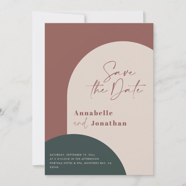 modern arch rust green stylish save the date invitation (Front)