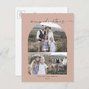 Modern Arch Salmon Photo Collage Family Christmas Holiday Postcard