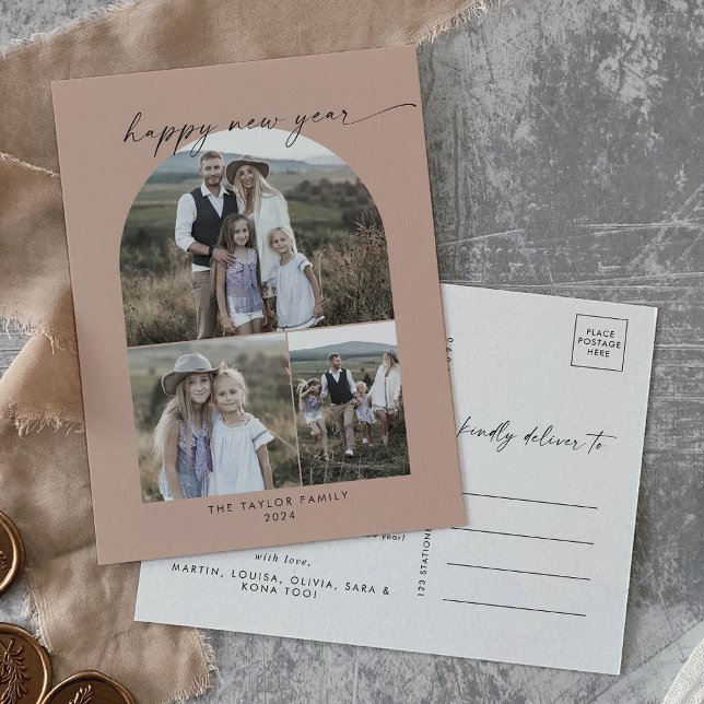 Modern Arch Salmon Photo Collage Family New Years Holiday Postcard (Creator Uploaded)