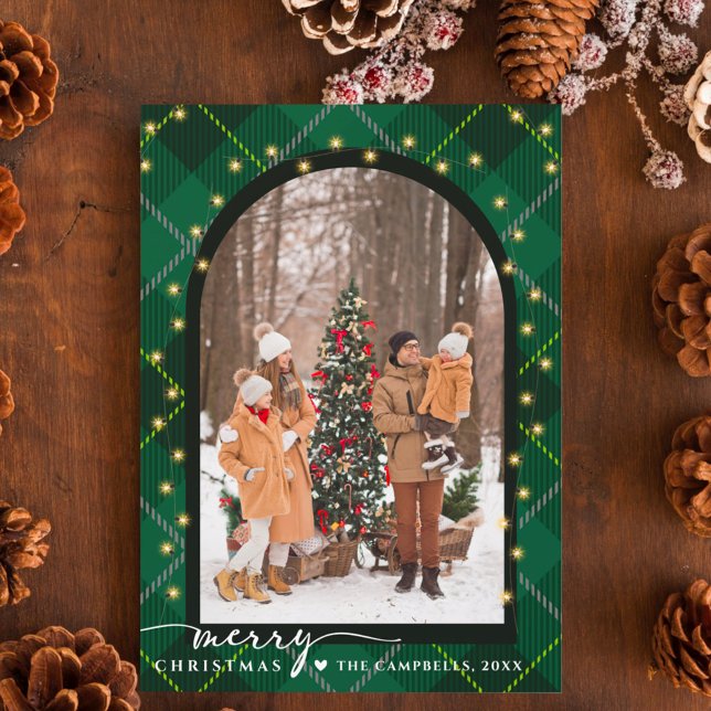 Modern Arch & Script Green Plaid Christmas Photo Holiday Postcard (Creator Uploaded)
