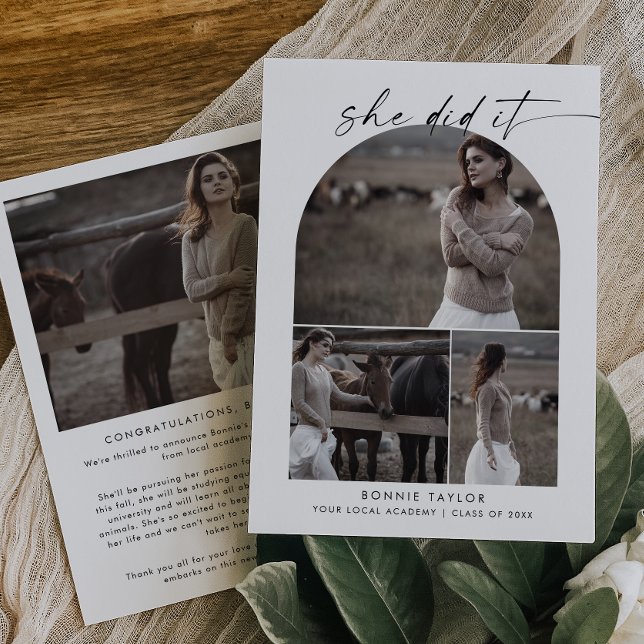Modern Arch She Did It Photo Collage Graduation Announcement (Creator Uploaded)
