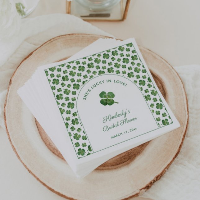 Modern Arch St Patricks Day Bridal Shower Napkin (Green & white lucky In Love St Patrick's Day Bridal Shower napkins with watercolor four leaf clover)