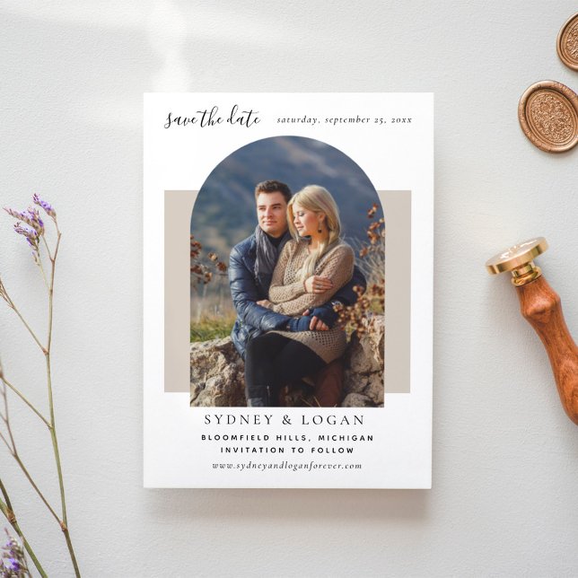 Modern Arch Taupe Wedding Photo Save The Date (Creator Uploaded)