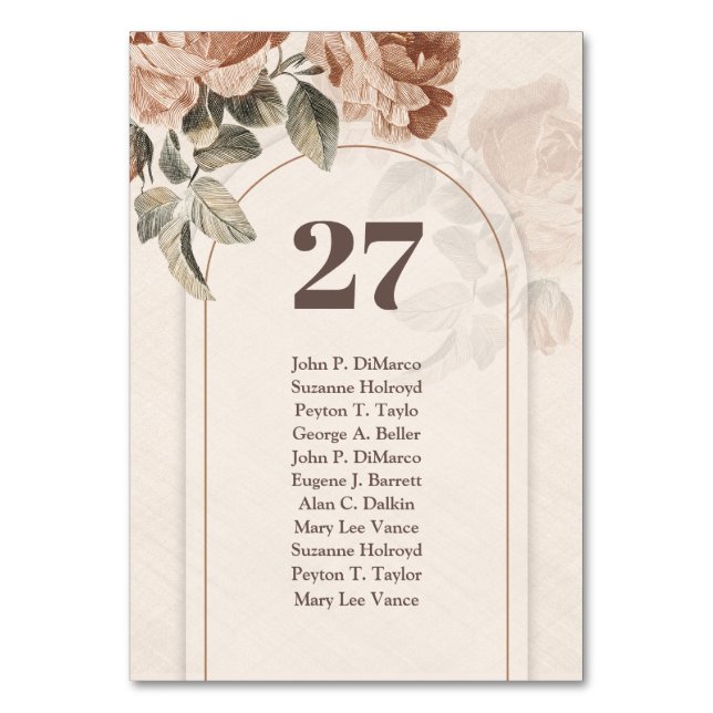 Modern arch Terracotta flowers sage green leaves Table Number (Front)