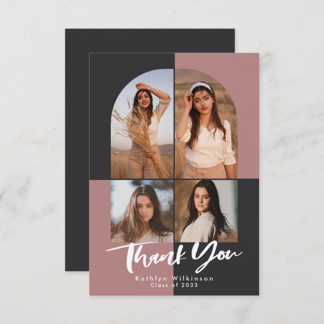 Modern Arch Terracotta Pink Grey Photo Graduation Thank You Card (Front/Back)