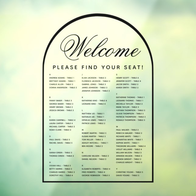 Modern Arch Transparent Alphabetical Seating Chart (Sheet 3)