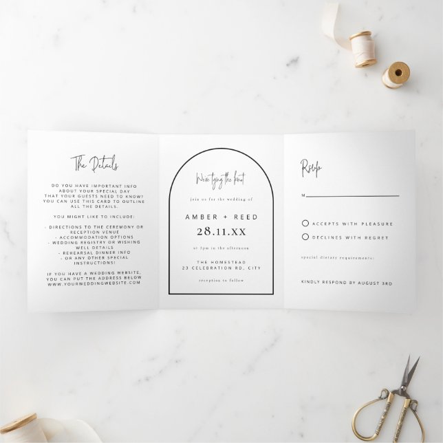 Modern Arch Tying Knot Black White Wedding Script  Tri-Fold Invitation (Inside)