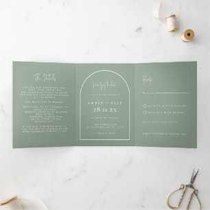 Modern Arch Tying Knot Wedding Sage Green Details  Tri-Fold Invitation