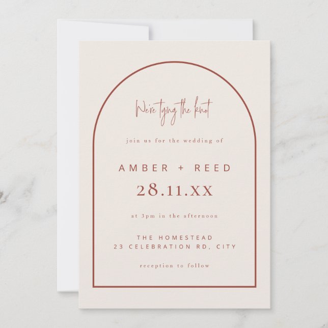 Modern Arch Tying Knot Wedding Terracotta Script  Invitation (Front)