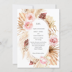 Modern Arch Watercolor Boho Pampas Flowers Wedding Invitation