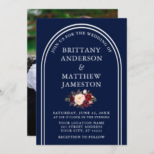 Modern Arch Wedding Burgundy Floral Photo Blue Invitation