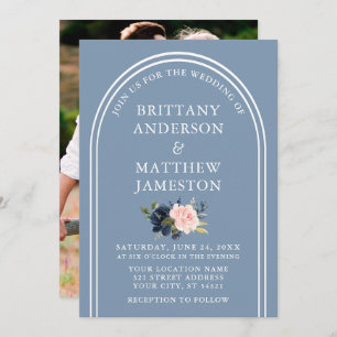 Modern Arch Wedding Dusty Blue Pink Floral Photo Invitation