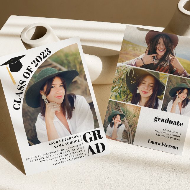 Modern  arch white 5 photos graduation invitation (Creator Uploaded)