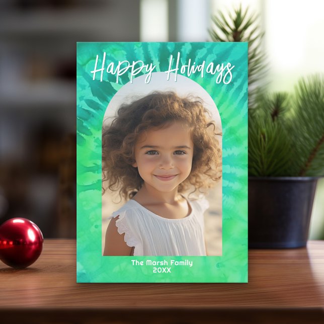Modern Arch with Teal Tie-Dye - Colourful Spiral Holiday Card (Retro Tie Dye Pattern Christmas Card. Add a little color to your holiday with this online photo card)