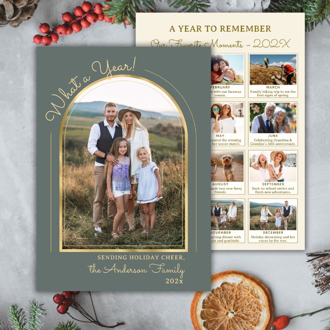 Modern Arch Year in Review 13 Photo Collage Green Holiday Card (Creator Uploaded)