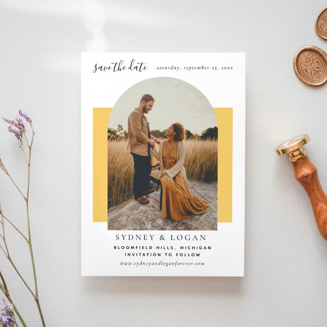 Modern Arch Yellow Wedding Photo Save The Date (Creator Uploaded)
