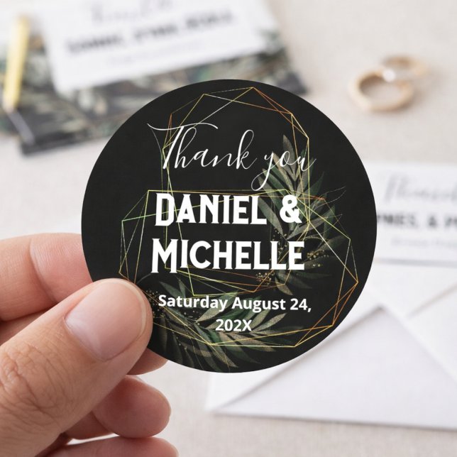 Modern Arched Black Gold Wedding Botanical Theme Classic Round Sticker (Creator Uploaded)