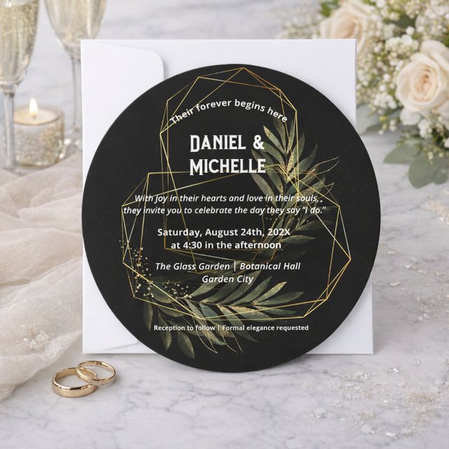 Modern Arched Black Gold Wedding Botanical Theme Invitation (Creator Uploaded)