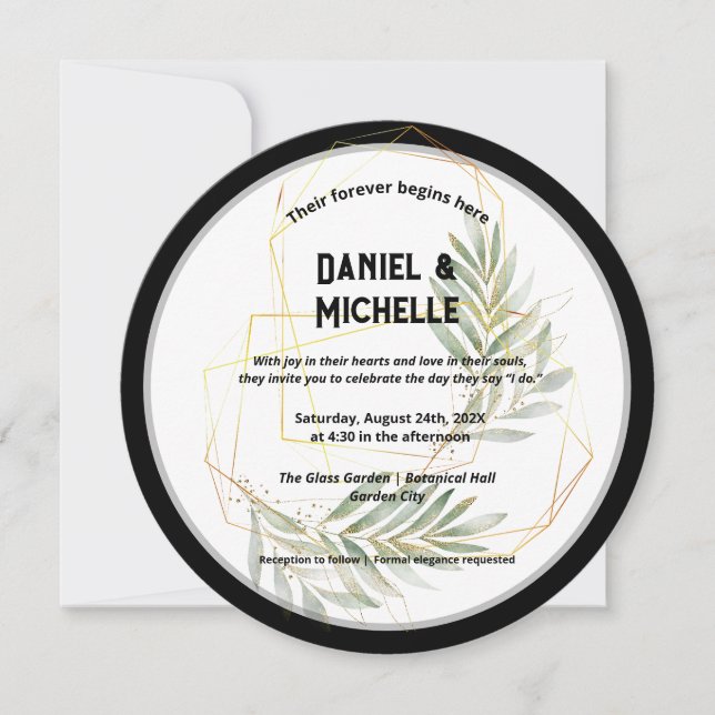 Modern Arched Black Gold Wedding Botanical Theme Invitation (Front)
