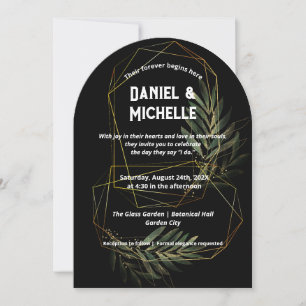 Modern Arched Black Gold Wedding Botanical Theme Invitation