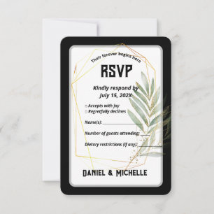 Modern Arched Black Gold Wedding Botanical Theme RSVP Card